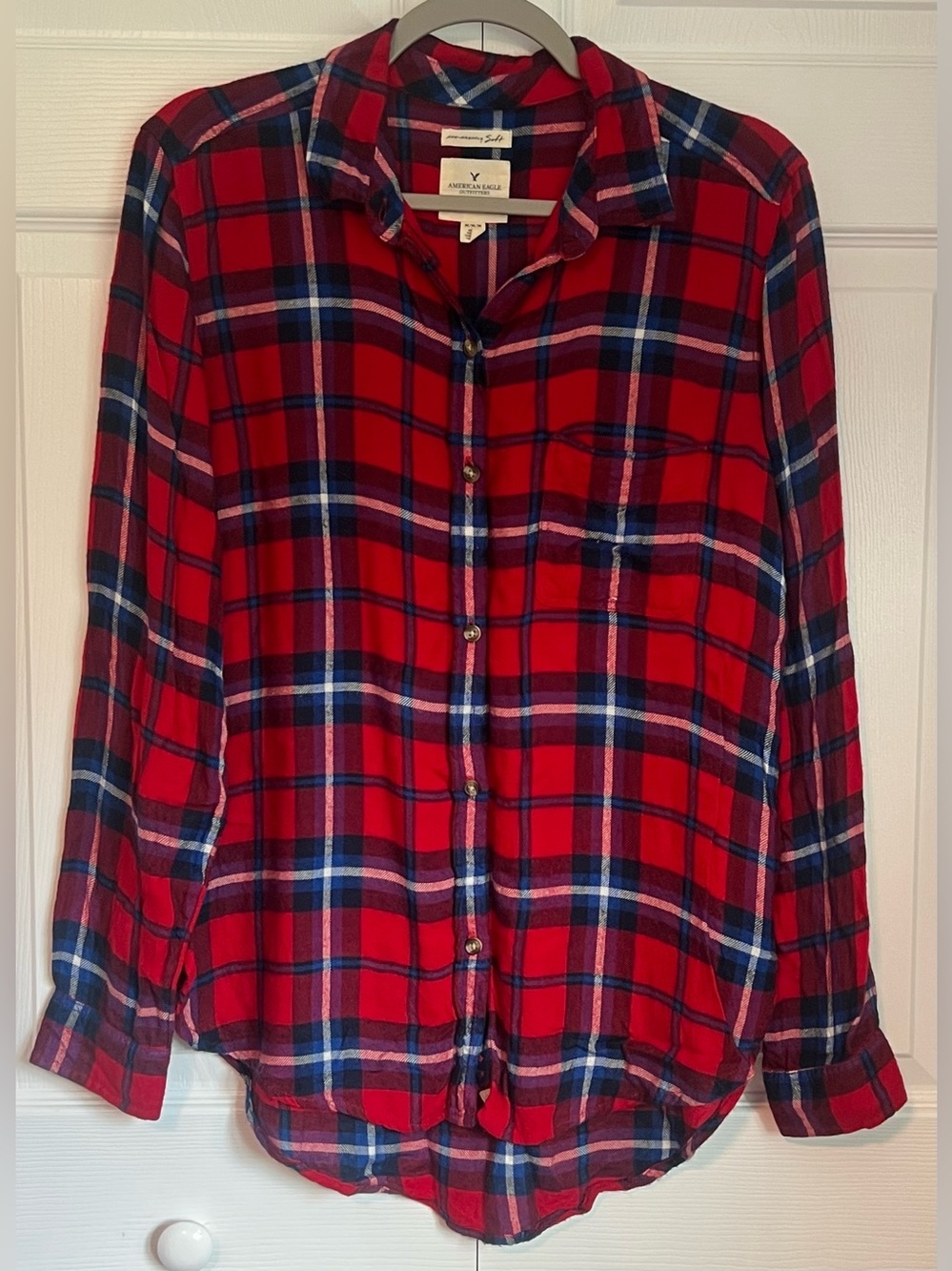 American Eagle Outfitters Ahh-Mazingly Soft Red Plaid Button-Up Shirt